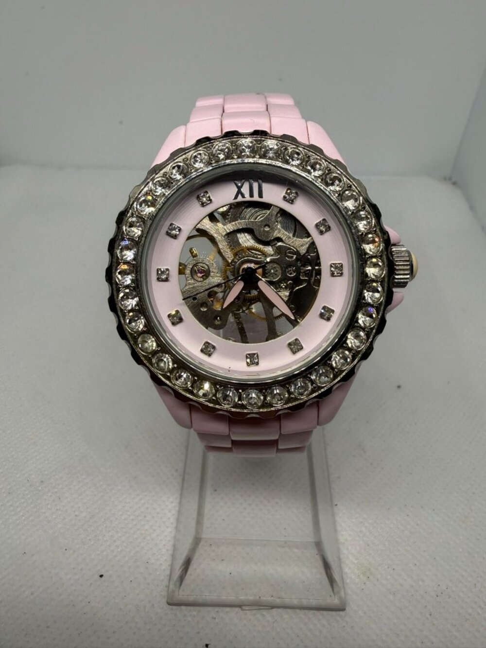 TKO Ceramic Skeleton Silver/Pink Womens Automatic Watch w/Pink ceramic bracelet